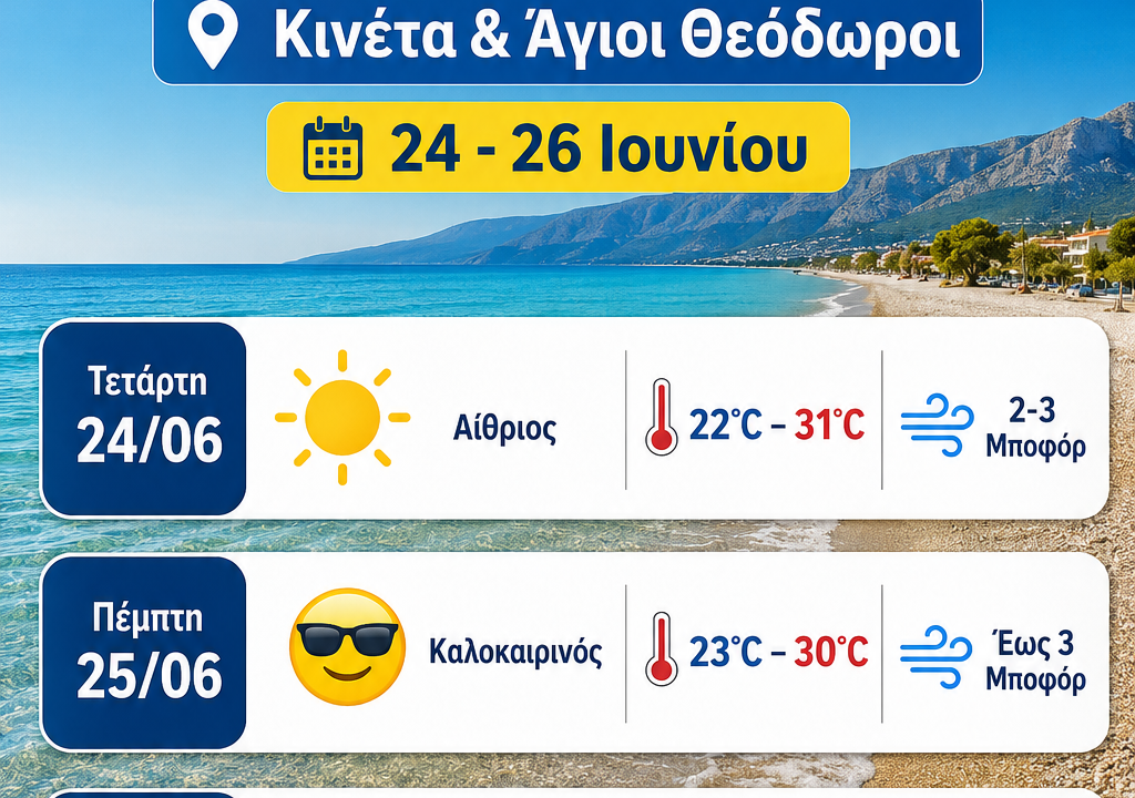 ο καιρος για Κινεττα και Αγιους Θεοδωρους 24-26/6